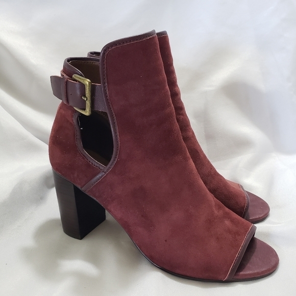 Donald J Pliner Itara Burgandy Wine Suede Ankle Boots Womens Size 6 Open Toe - Picture 1 of 13